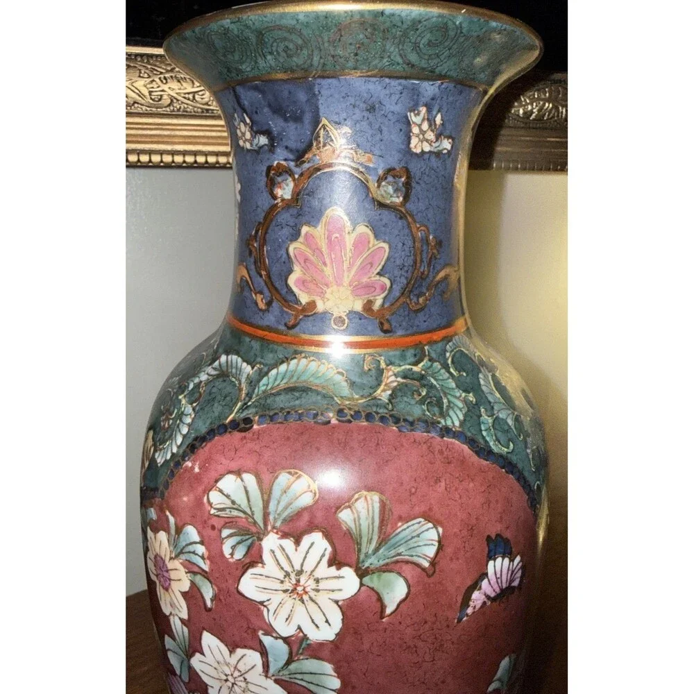 Vintage Cloisonné Style Floral Butterfly Vase Asian Decor Enamel Motif